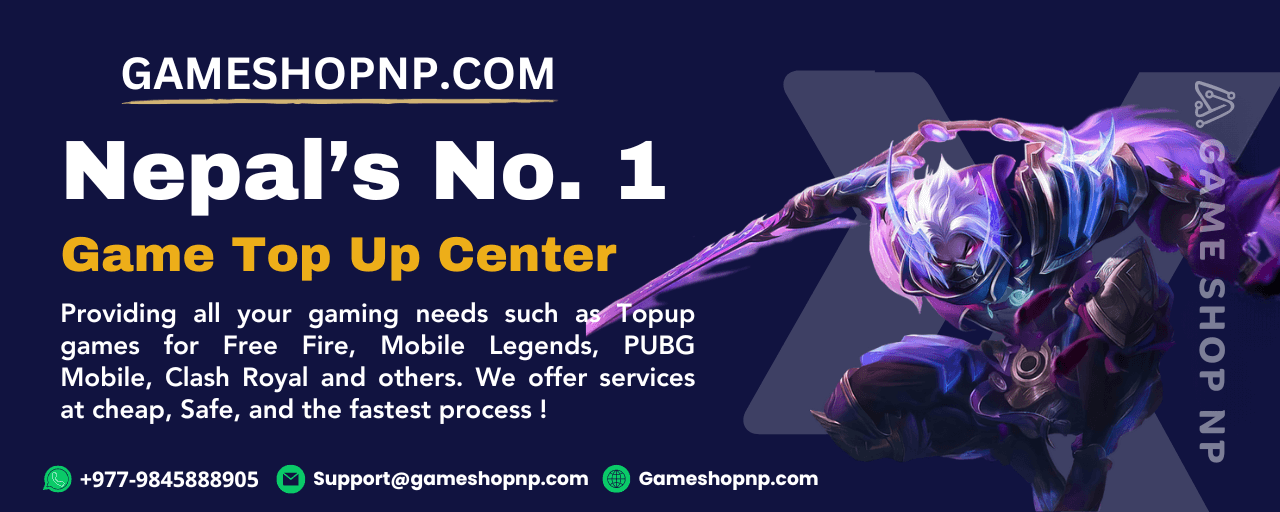 Banner for Gameshopnp.com, Nepal’s No. 1 Game Top Up Center, with a purple robot on the right side