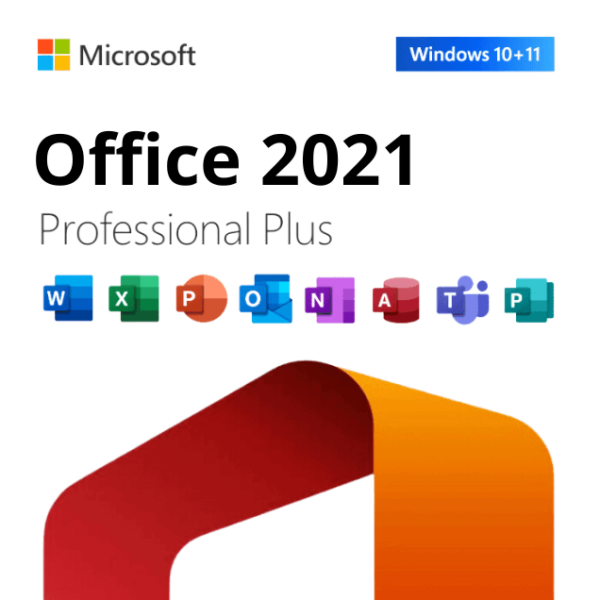 The image is a promotional graphic for Microsoft Office 2021 Professional Plus. It features the Microsoft logo and compatibility information for Windows 10-11 at the top. The main title “Office 2021 Professional Plus” is displayed in bold font, with a dynamic orange and red ribbon-like graphic below it. At the bottom, icons for various Microsoft Office applications such as Word, Excel, PowerPoint, OneNote, Teams, Outlook, Publisher, and Access are shown, each with its distinctive letter and color. The overall design conveys a sense of professionalism and integration of the Office suite